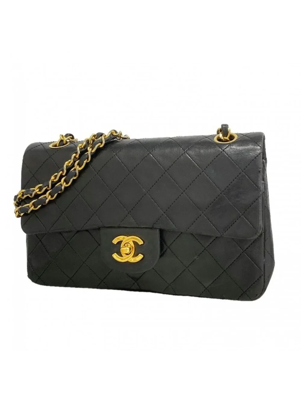 Chanel Shoulder Bag Quilted Lambskin Black Gold